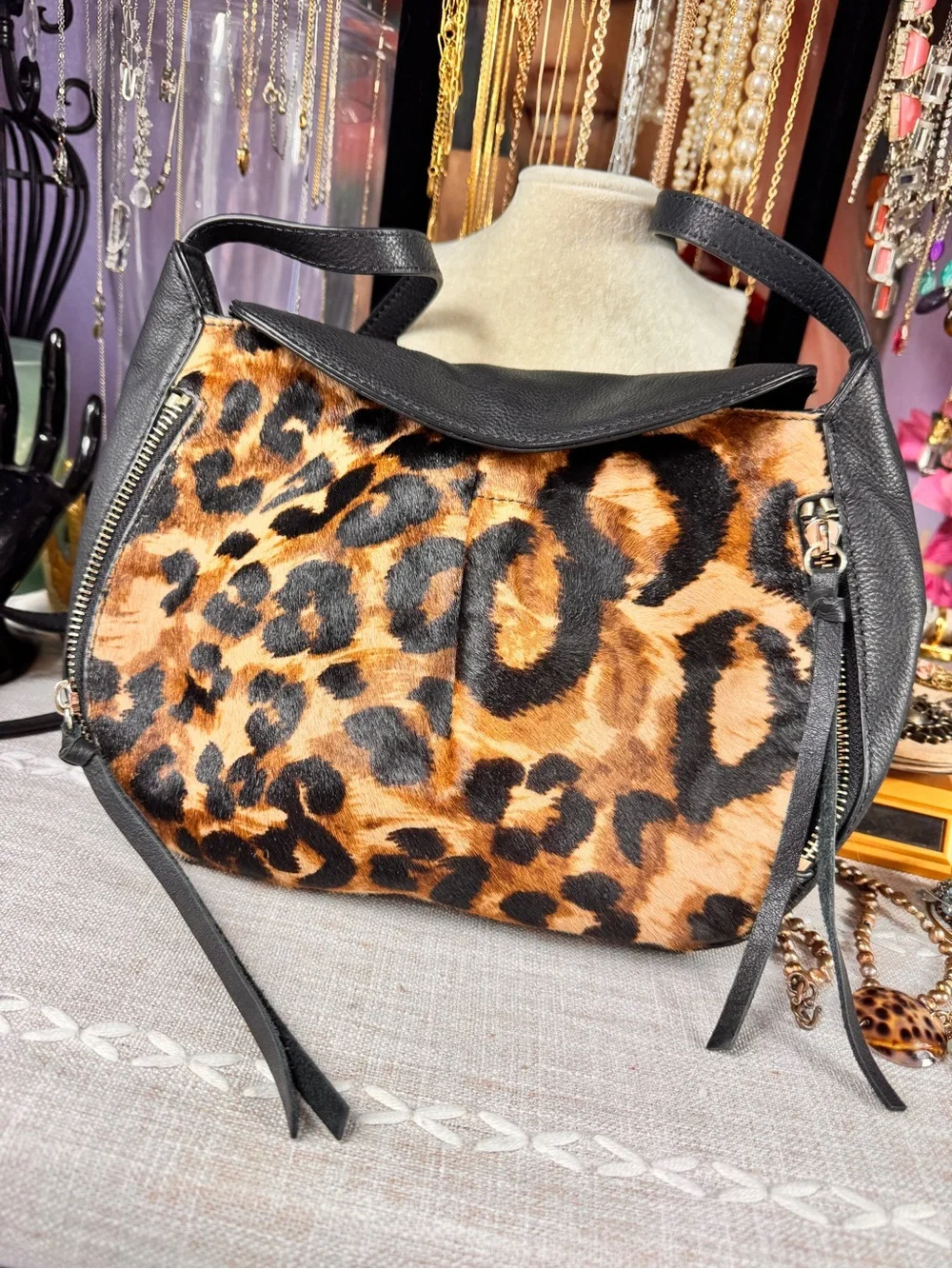 Vince Camuto Leopard-Print Shoulder Bag with Black Trim